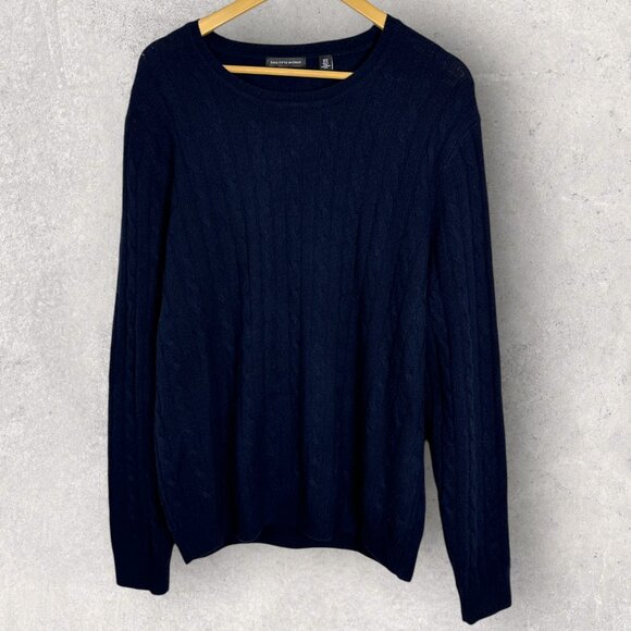 Saks Fifth Avenue Cable Knit Crew Sweater Navy Blue Mens XL Merino Wool Cashmere - Picture 1 of 12